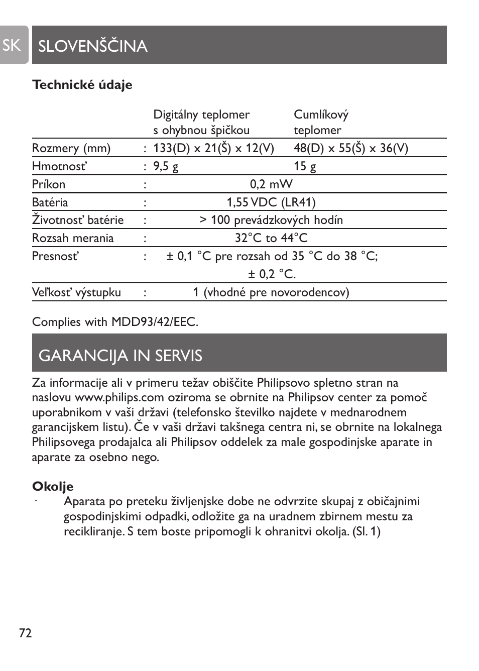 Garancija in servis, Okolje, Slovenščina garancija in servis sk | Philips SCH530/10 User Manual | Page 72 / 108