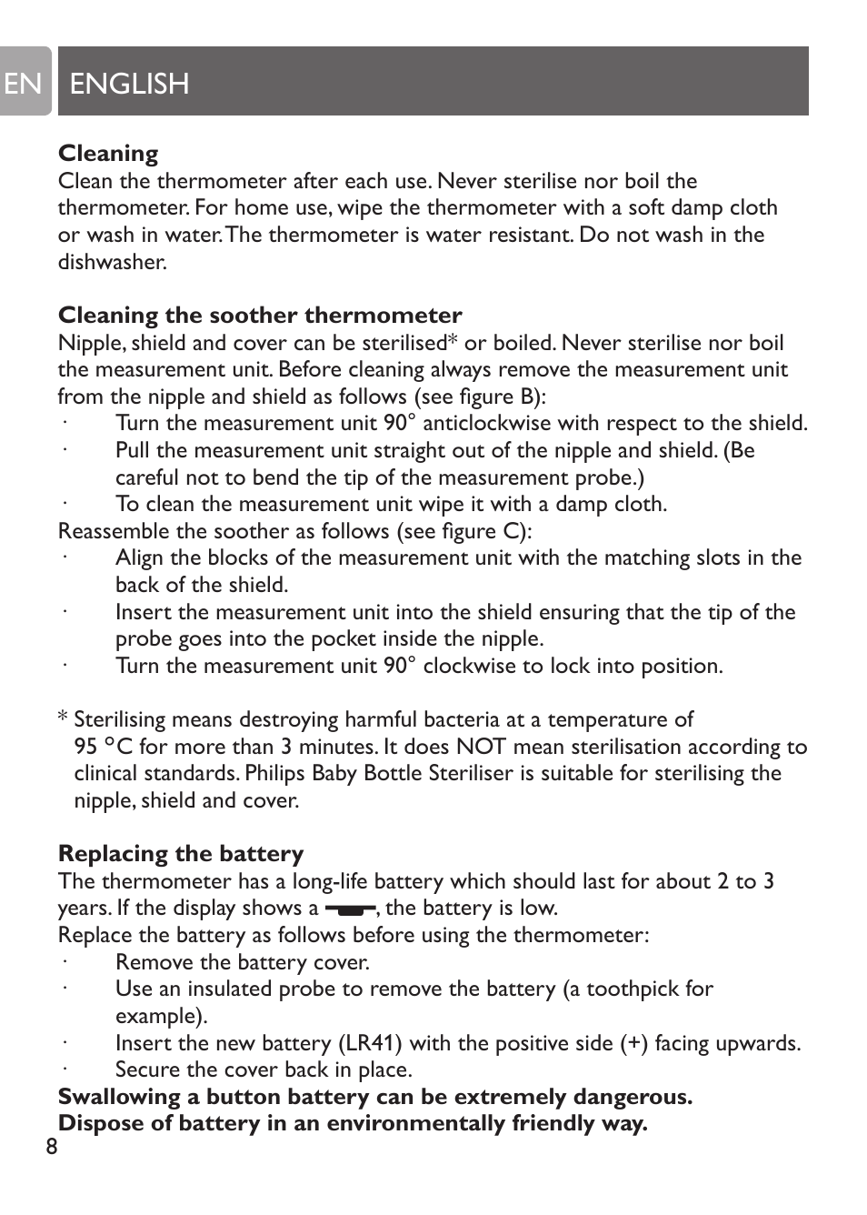 Measuring the temperature of older children, Cleaning, Cleaning the soother thermometer | English en | Philips SCH530/10 User Manual | Page 8 / 108