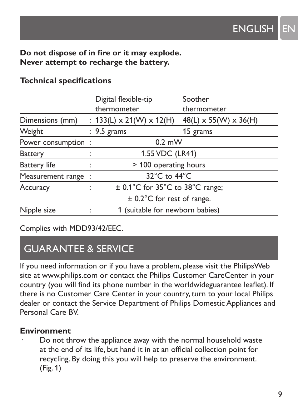 Replacing the battery, Guarantee & service, Environment | Guarantee & service english en | Philips SCH530/10 User Manual | Page 9 / 108