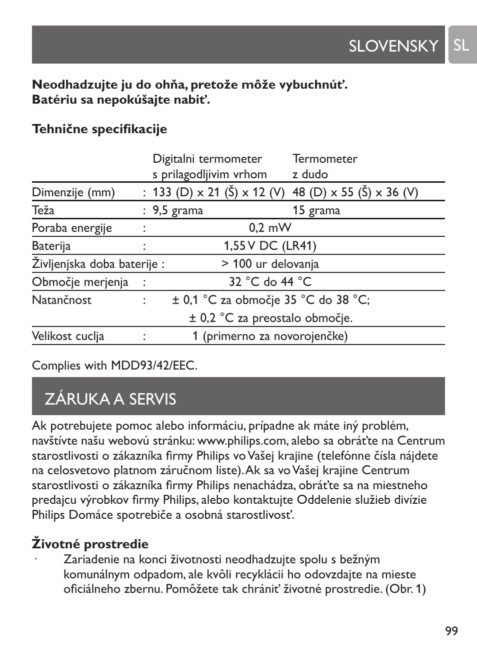 Slovensky záruka a servis sl | Philips SCH530/10 User Manual | Page 99 / 108