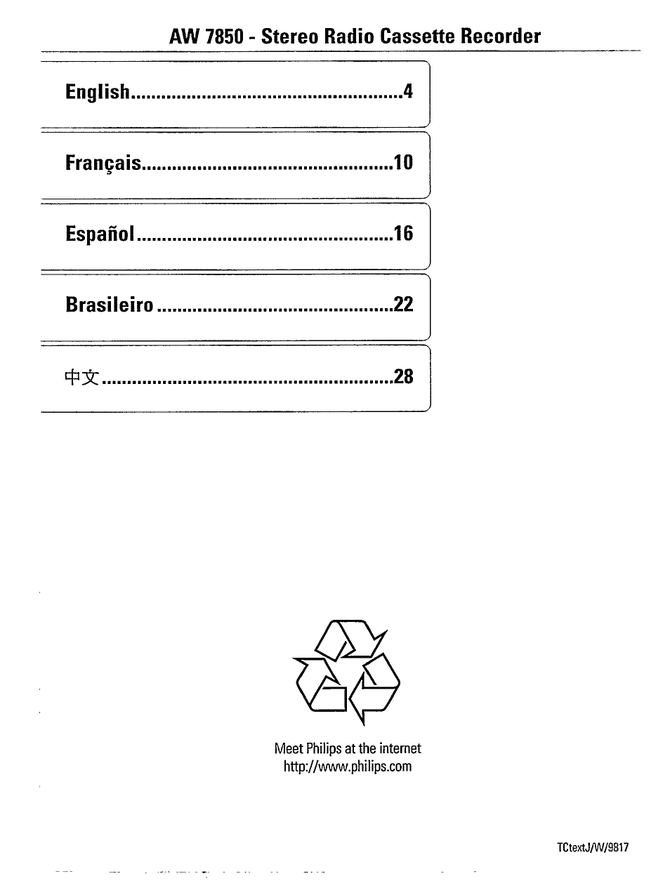 Aw 7850 - stereo radio cassette recorder english, Frangais, Espahol | Brasileiro | Philips AW 7850 User Manual | Page 14 / 14