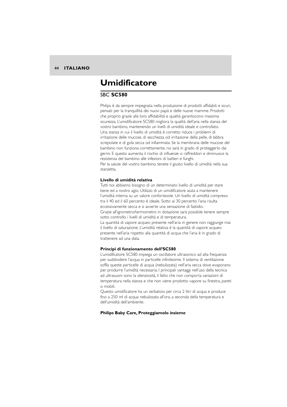 Umidificatore | Philips SC580 User Manual | Page 44 / 100