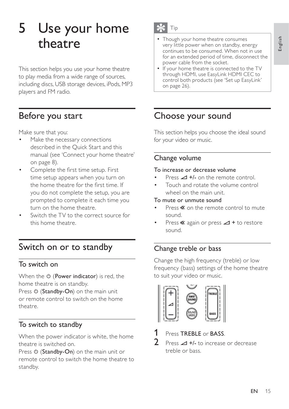 5 use your home theatre, Choose your sound, Before you start | Switch on or to standby | Philips - HTS8160B User Manual | Page 17 / 40