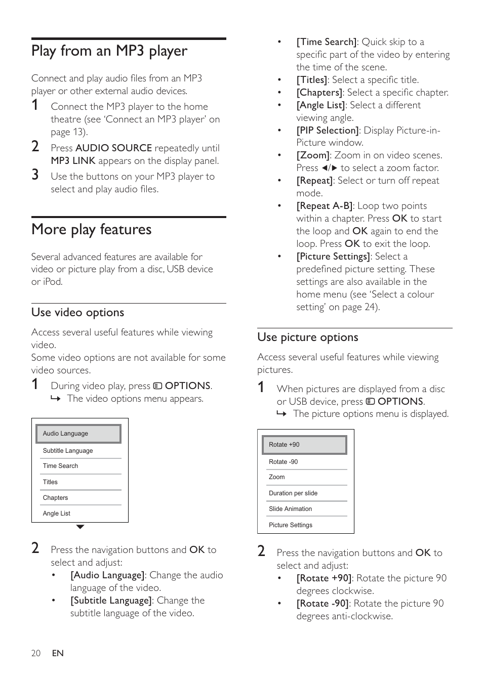 Play from an mp3 player, More play features | Philips - HTS8160B User Manual | Page 22 / 40