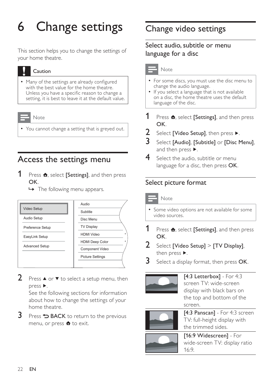 6 change settings, Change video settings, Access the settings menu 1 | Philips - HTS8160B User Manual | Page 24 / 40
