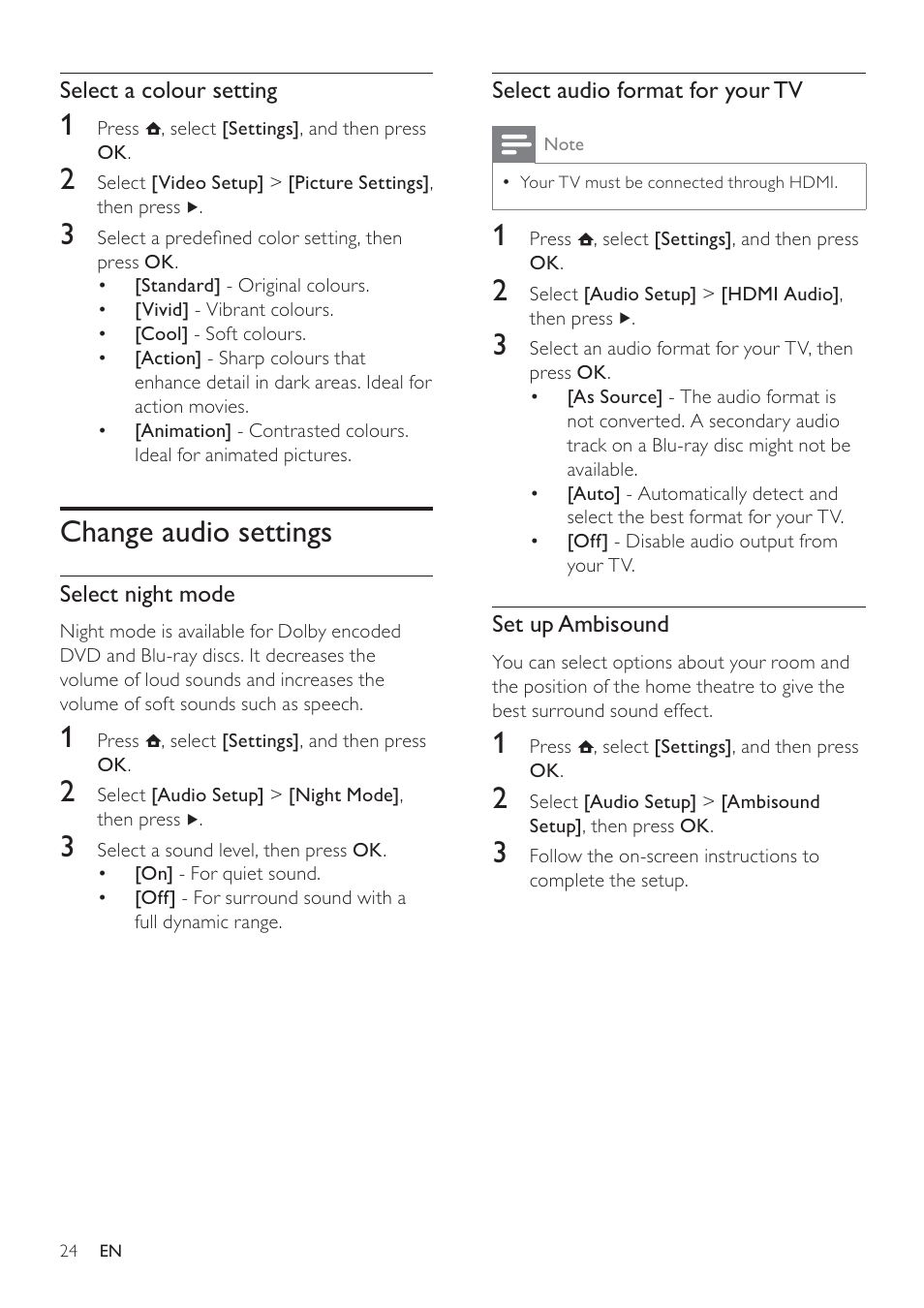 Change audio settings | Philips - HTS8160B User Manual | Page 26 / 40
