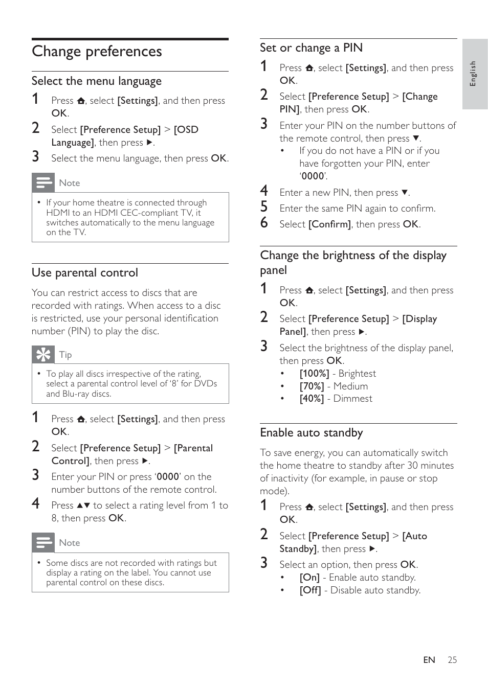 Change preferences | Philips - HTS8160B User Manual | Page 27 / 40