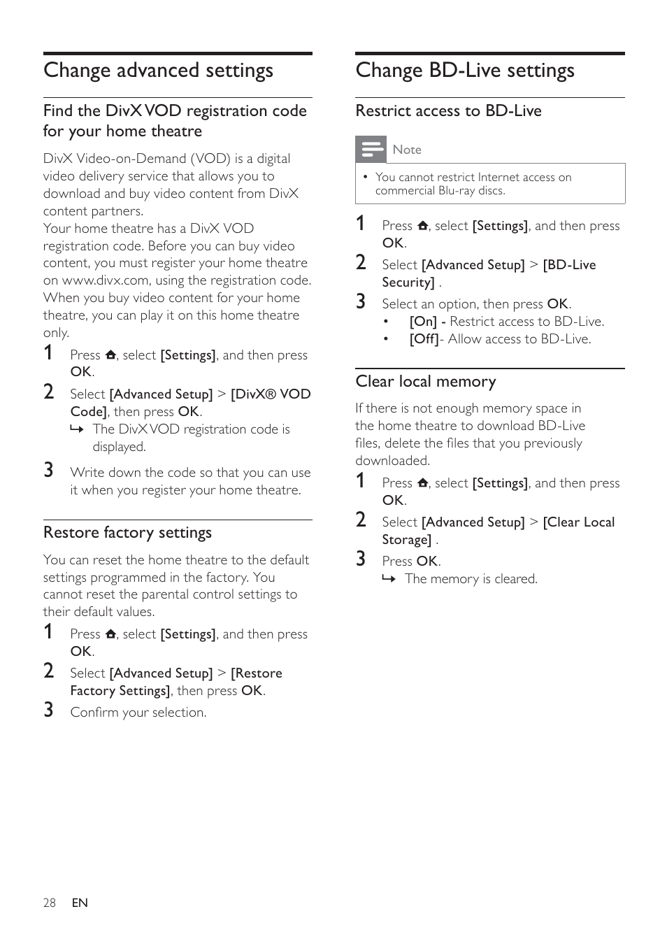Change bd-live settings, Change advanced settings | Philips - HTS8160B User Manual | Page 30 / 40