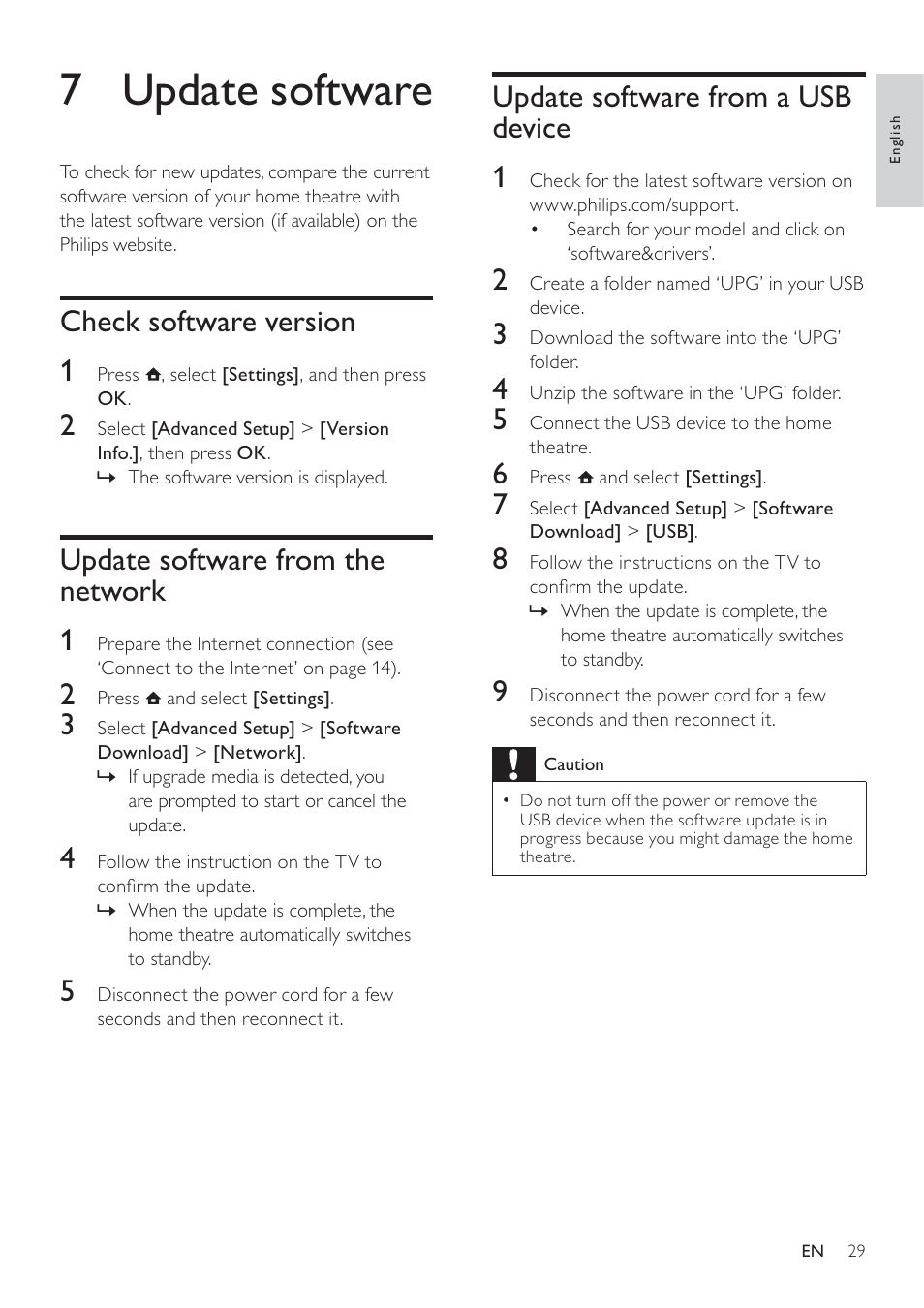 7 update software, Update software from a usb device 1, Check software version 1 | Update software from the network 1 | Philips - HTS8160B User Manual | Page 31 / 40