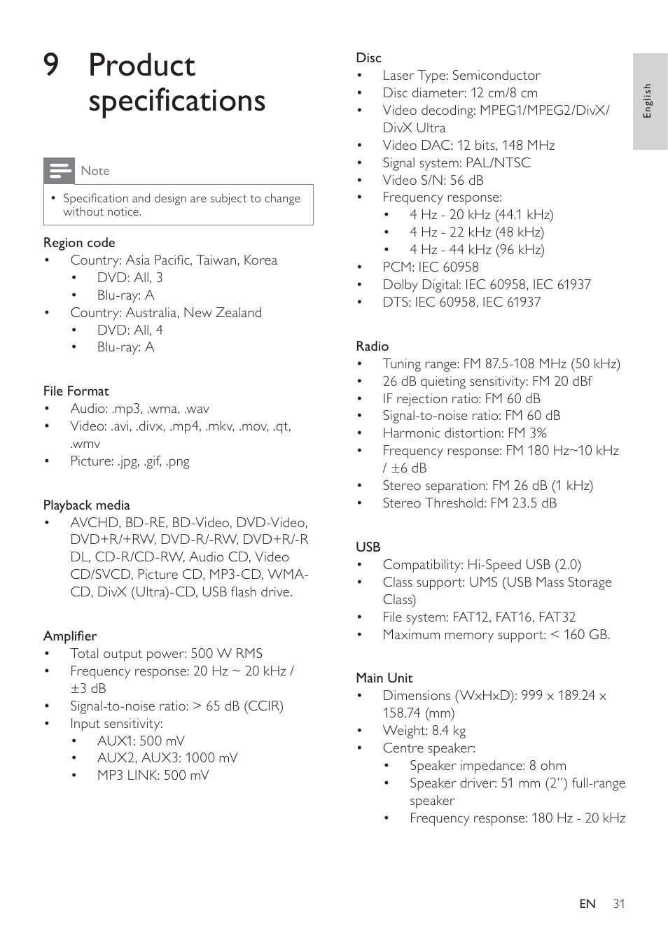 9 product specifications | Philips - HTS8160B User Manual | Page 33 / 40