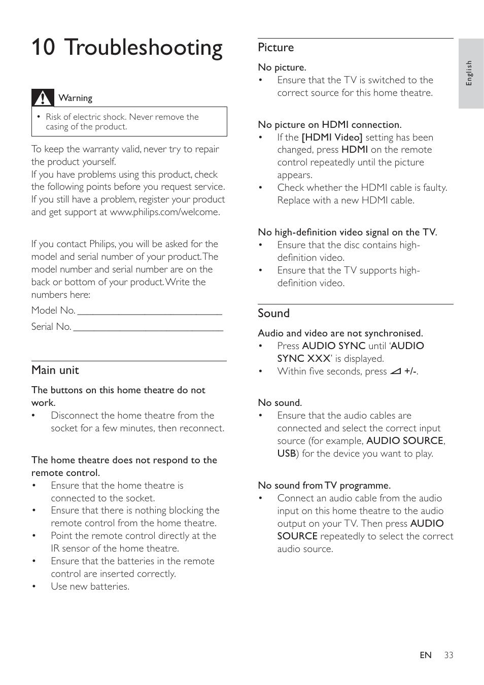 10 troubleshooting, Picture, Sound | Main unit | Philips - HTS8160B User Manual | Page 35 / 40
