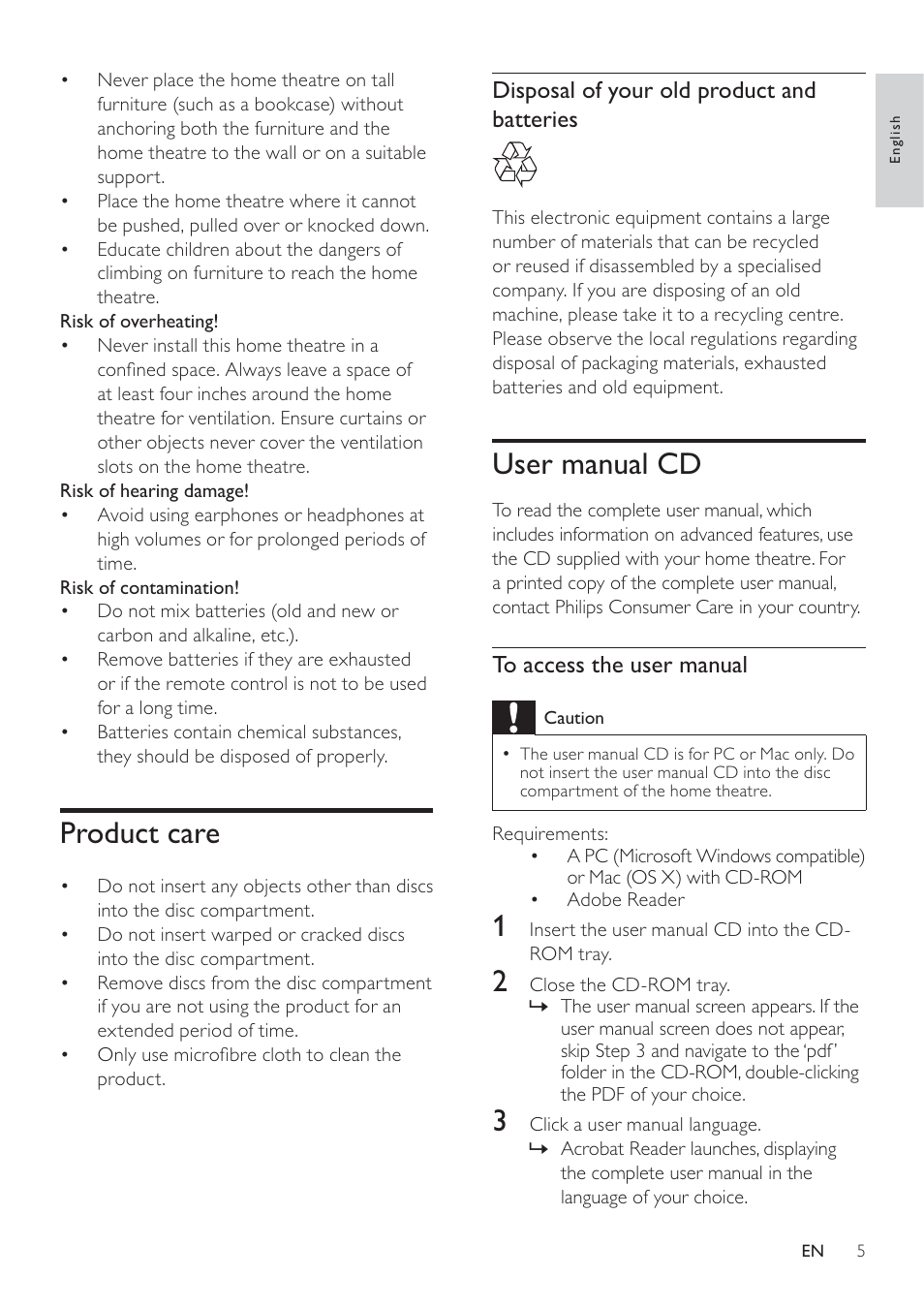 User manual cd, Product care | Philips - HTS8160B User Manual | Page 7 / 40