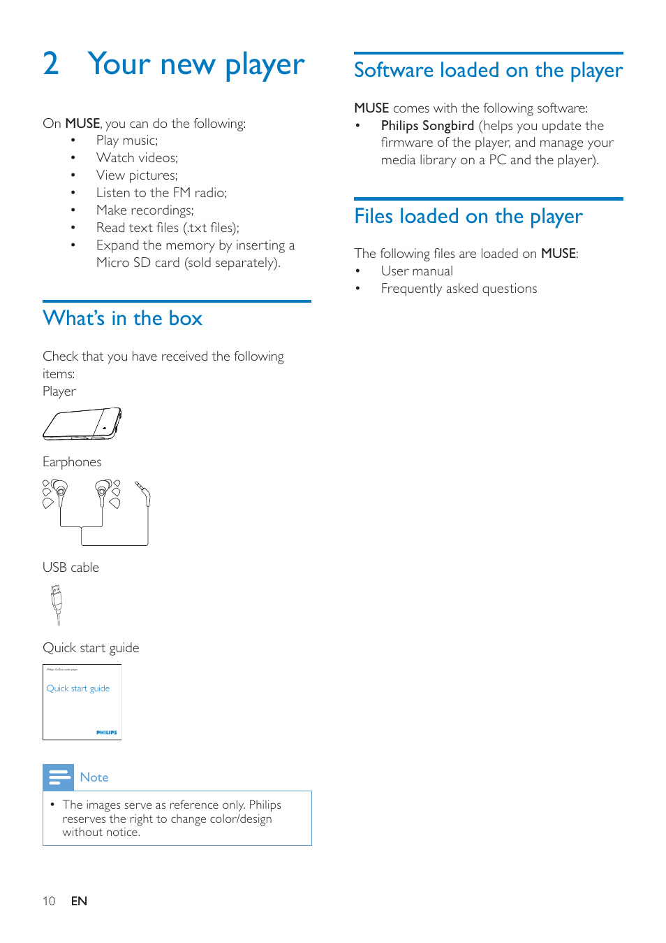 2 your new player, What’s in the box, Software loaded on the player | Files loaded on the player | Philips GOGEAR SA3MUS08 User Manual | Page 10 / 59