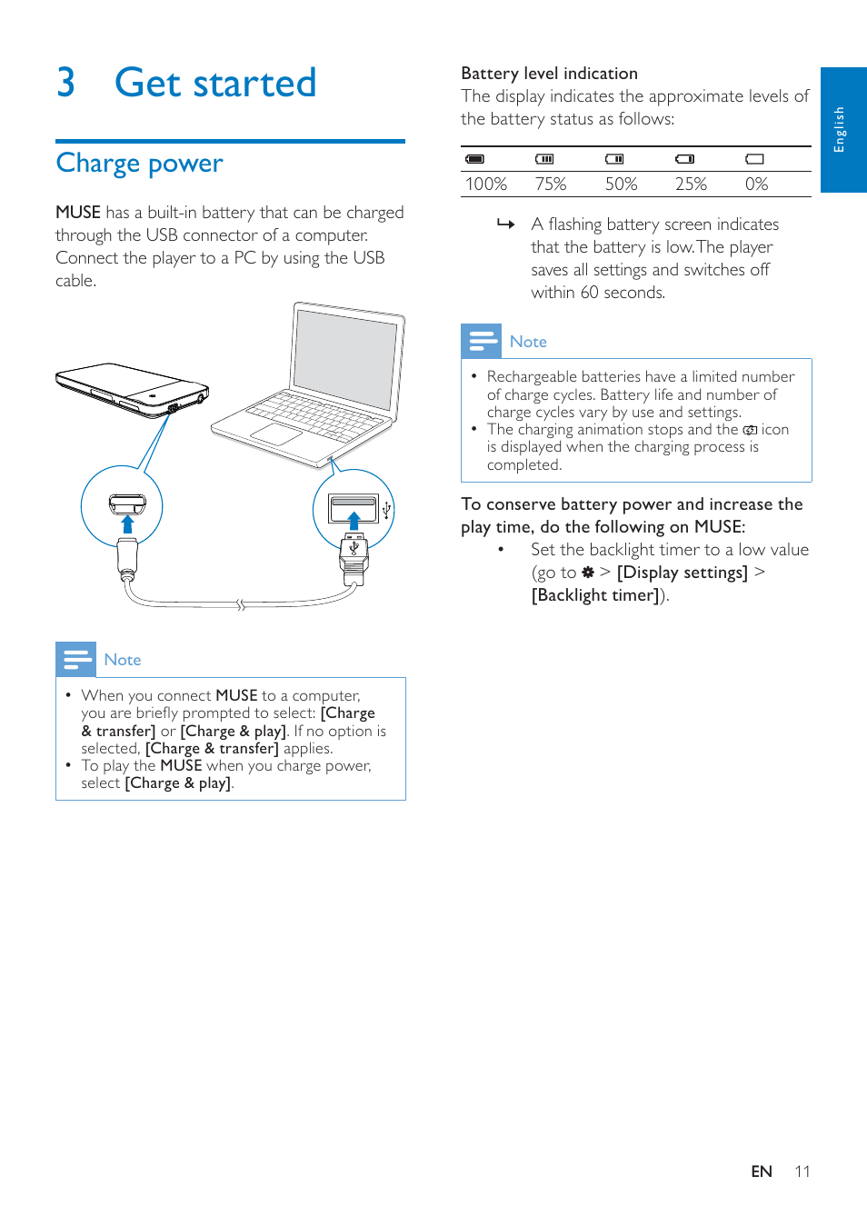 3 get started, Charge power, 3 get | Started | Philips GOGEAR SA3MUS08 User Manual | Page 11 / 59