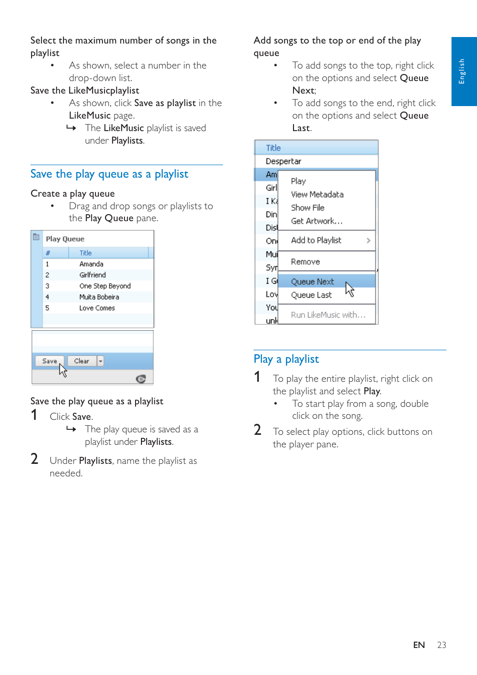 Save the play queue as a playlist, Play a playlist | Philips GOGEAR SA3MUS08 User Manual | Page 23 / 59