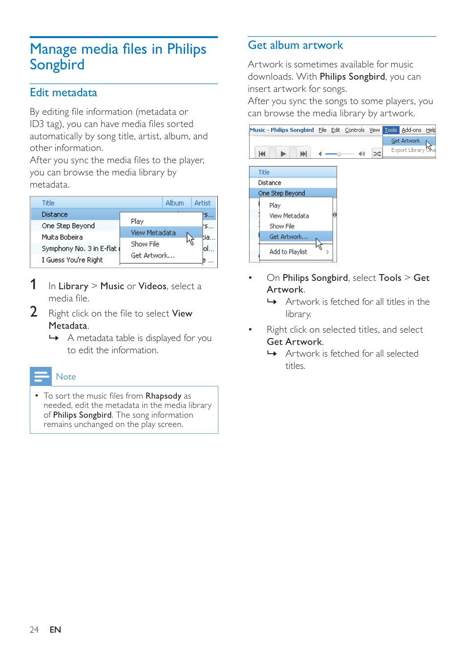 Manage media files in philips songbird, Edit metadata, Get album artwork | Manage media ﬁles in philips songbird 24, Manage media ﬁles in philips songbird | Philips GOGEAR SA3MUS08 User Manual | Page 24 / 59