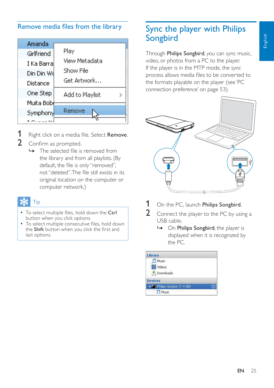 Remove media files from the library, Sync the player with philips songbird, Remove media ﬁles from the library 25 | Philips GOGEAR SA3MUS08 User Manual | Page 25 / 59