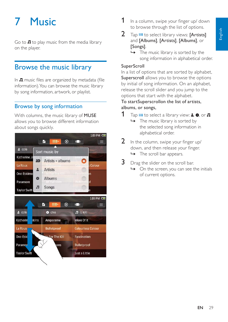 7 music, Browse the music library, Browse by song information | Philips GOGEAR SA3MUS08 User Manual | Page 29 / 59