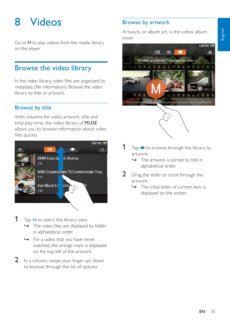 8 videos, Browse the video library, Browse by title | Browse by artwork | Philips GOGEAR SA3MUS08 User Manual | Page 35 / 59