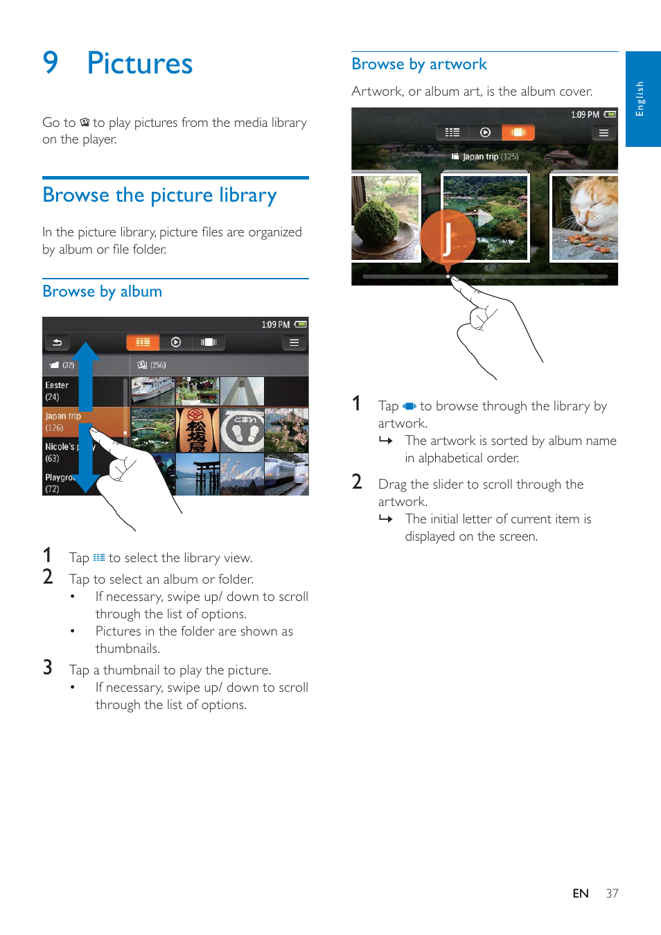9 pictures, Browse the picture library, Browse by album | Browse by artwork | Philips GOGEAR SA3MUS08 User Manual | Page 37 / 59