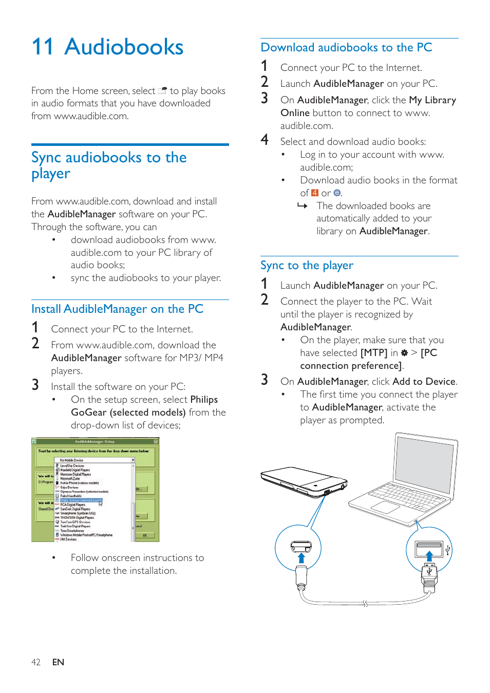 11 audiobooks, Sync audiobooks to the player, Install audiblemanager on the pc | Download audiobooks to the pc, Sync to the player | Philips GOGEAR SA3MUS08 User Manual | Page 42 / 59