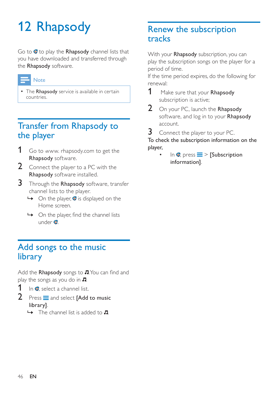 12 rhapsody, Transfer from rhapsody to the player, Add songs to the music library | Renew the subscription tracks, Transfer from rhapsody to the player 1 | Philips GOGEAR SA3MUS08 User Manual | Page 46 / 59