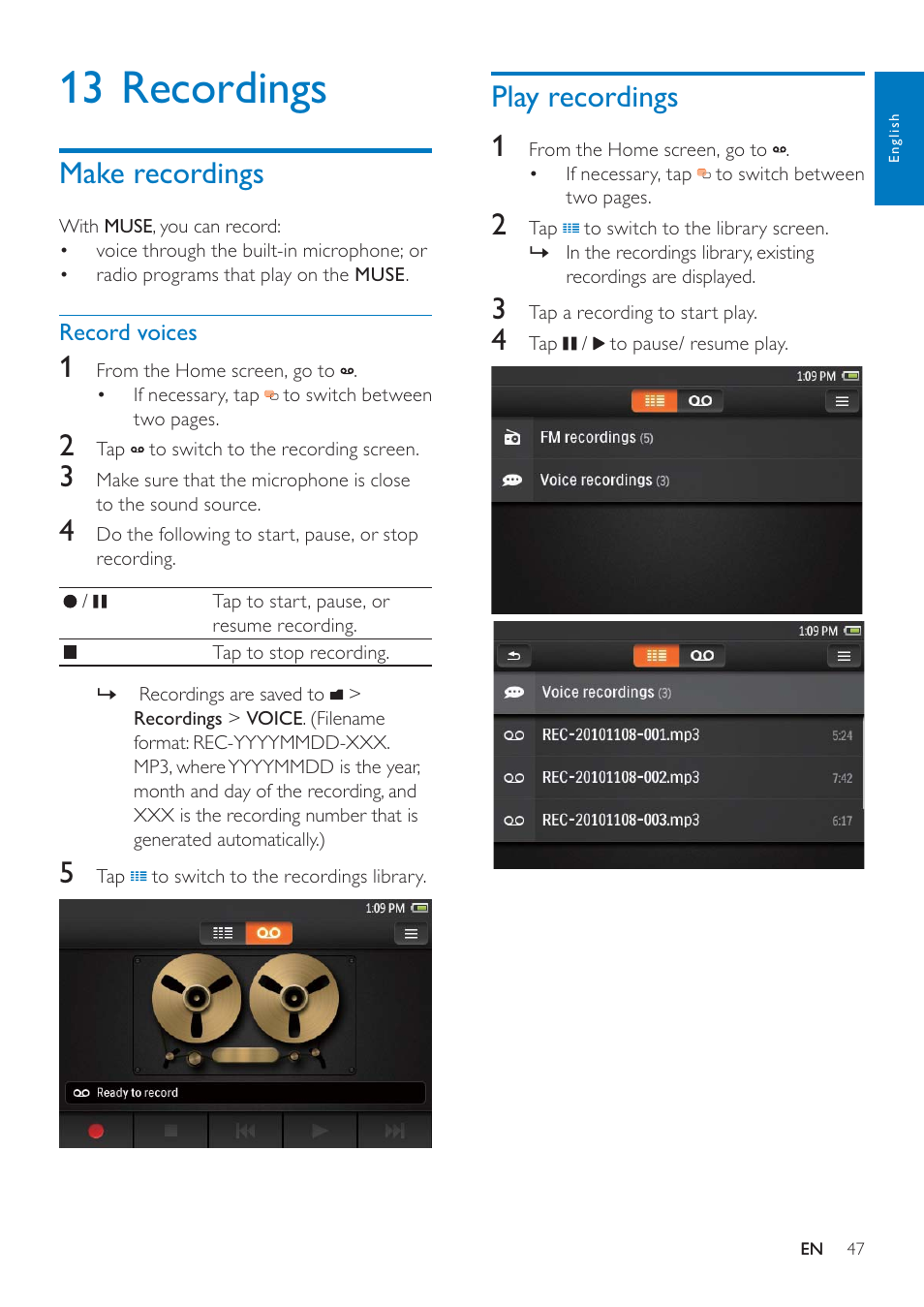 13 recordings, Make recordings, Record voices | Play recordings, Play recordings 1 | Philips GOGEAR SA3MUS08 User Manual | Page 47 / 59