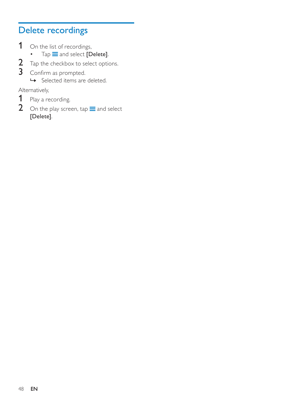 Delete recordings, Delete recordings 1 | Philips GOGEAR SA3MUS08 User Manual | Page 48 / 59