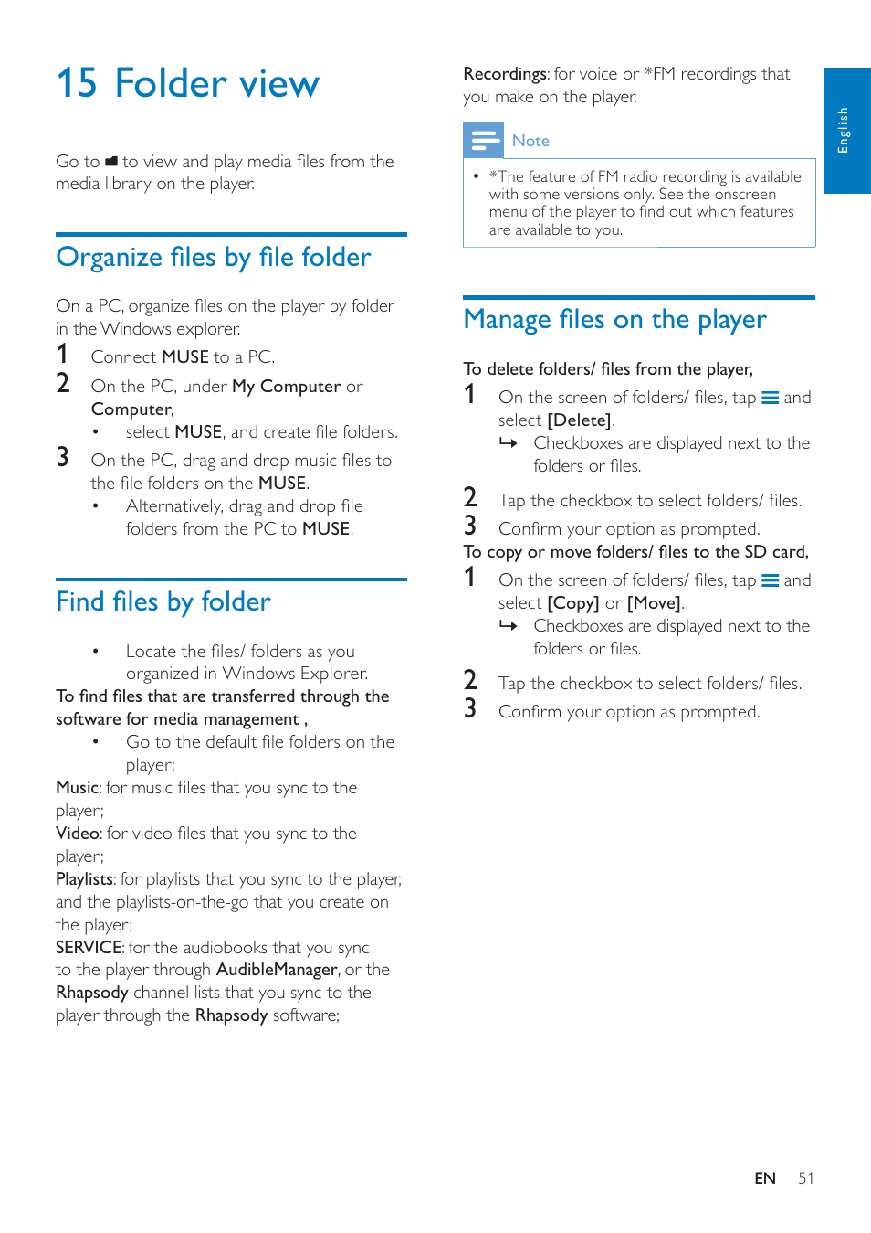 15 folder view, Organize files by file folder, Find files by folder | Manage files on the player, Organize ﬁles by ﬁle folder, Find ﬁles by folder, Manage ﬁles on the player, In the windows explorer on a pc, you, Can save a lyrics ﬁle (.lrc) for a song ﬁle, E 51) | Philips GOGEAR SA3MUS08 User Manual | Page 51 / 59