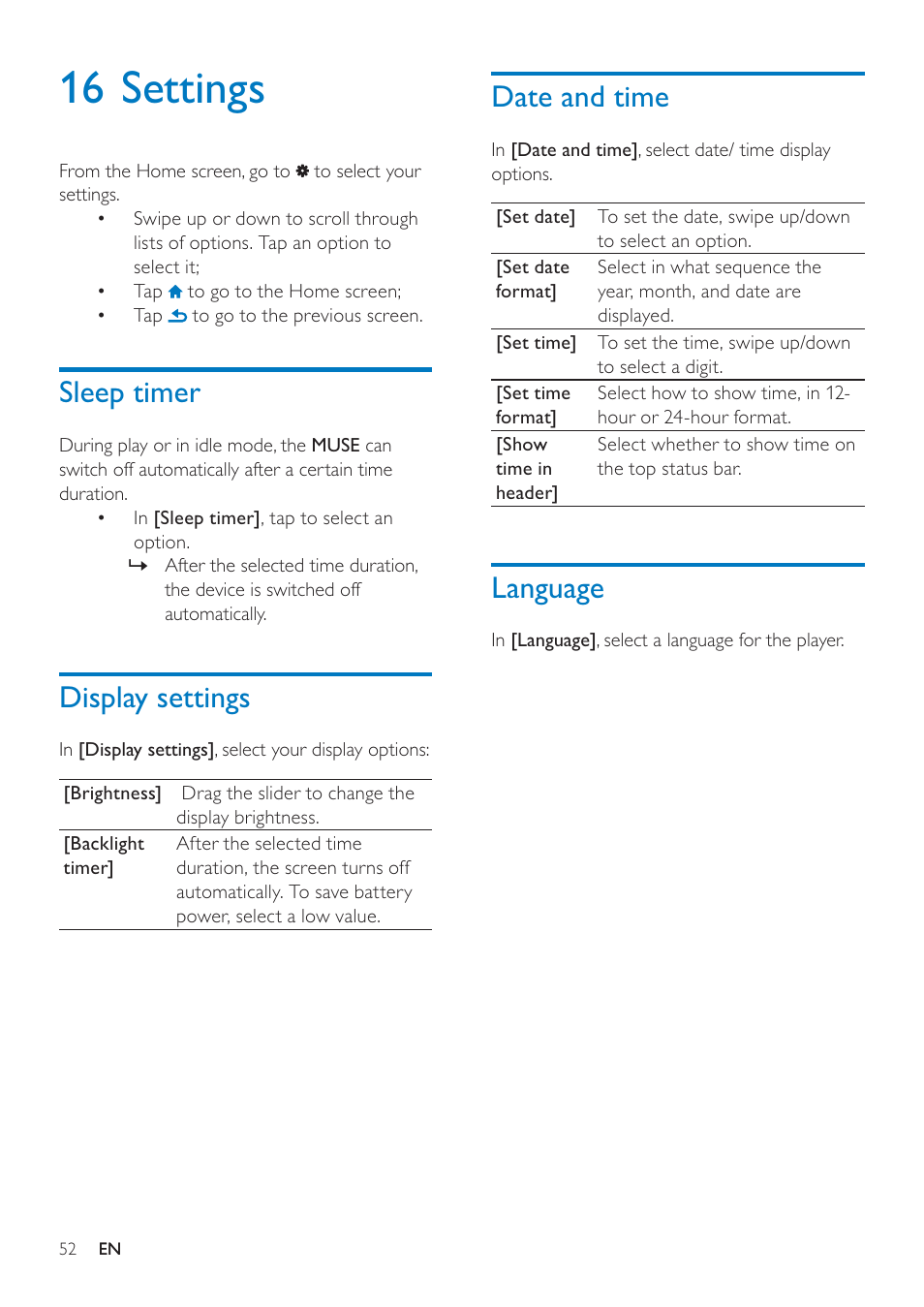 16 settings, Sleep timer, Display settings | Date and time, Language | Philips GOGEAR SA3MUS08 User Manual | Page 52 / 59