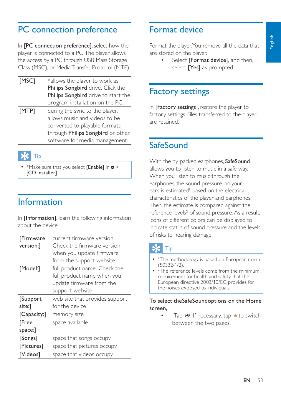 Pc connection preference, Information, Format device | Factory settings, Safesound, E 53) | Philips GOGEAR SA3MUS08 User Manual | Page 53 / 59