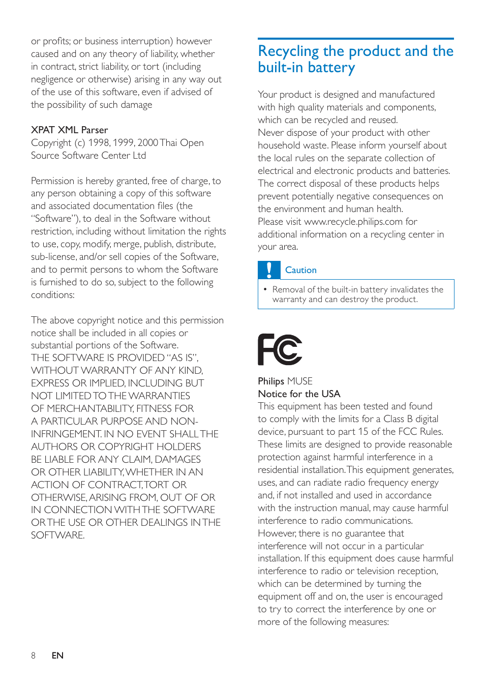 Recycling the product and the built-in battery, Recycling the product and the built-in, Battery | Philips GOGEAR SA3MUS08 User Manual | Page 8 / 59