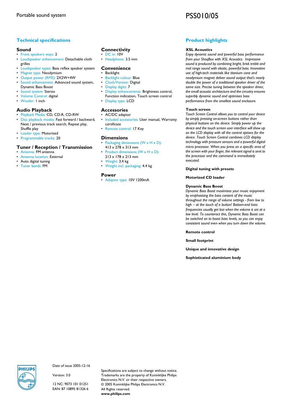 Portable sound system | Philips PSS010 User Manual | Page 2 / 2