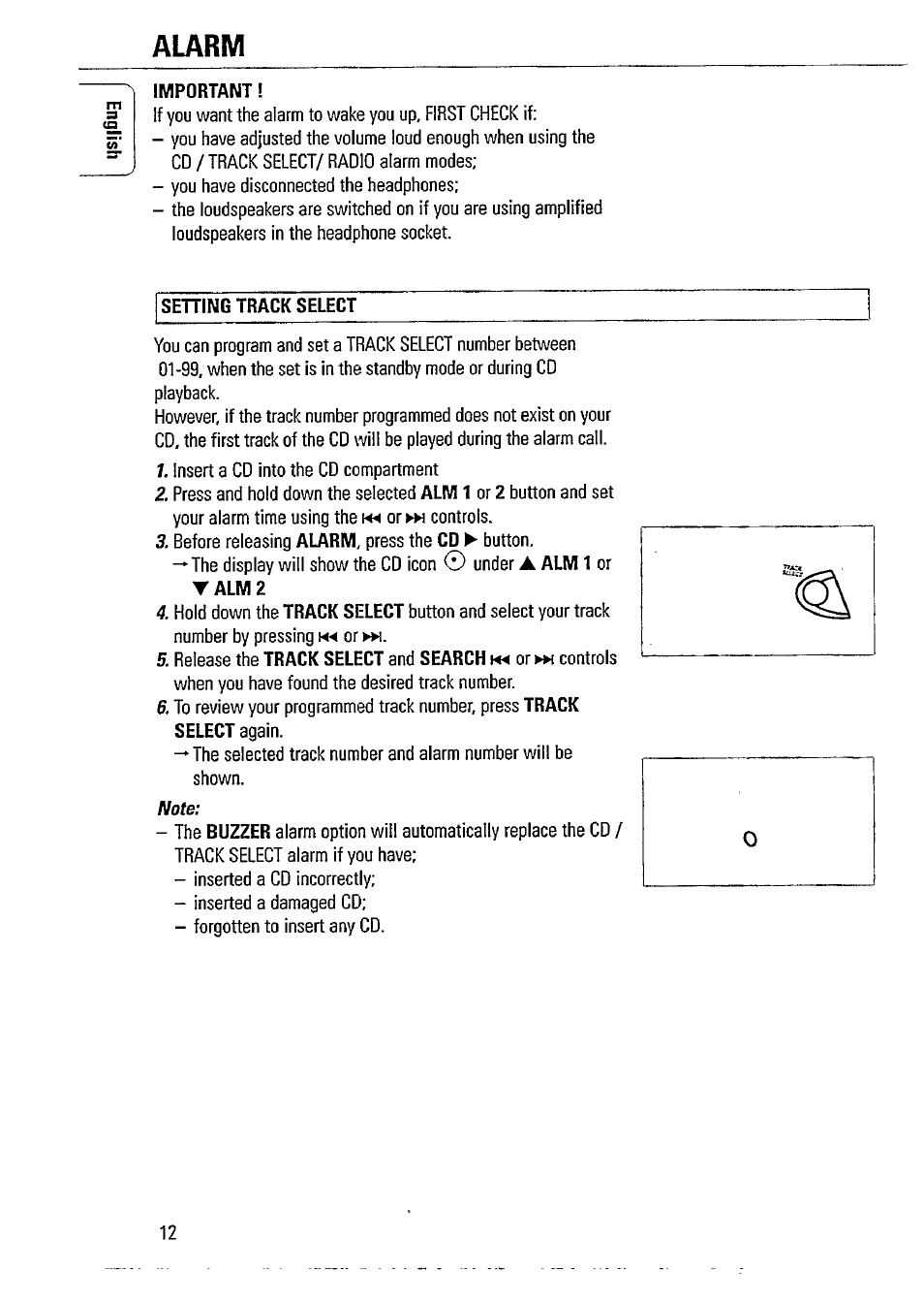 Important, Sehing track select, Alarm | Philips MAGNAVOX AJ 3940/17 User Manual | Page 12 / 20