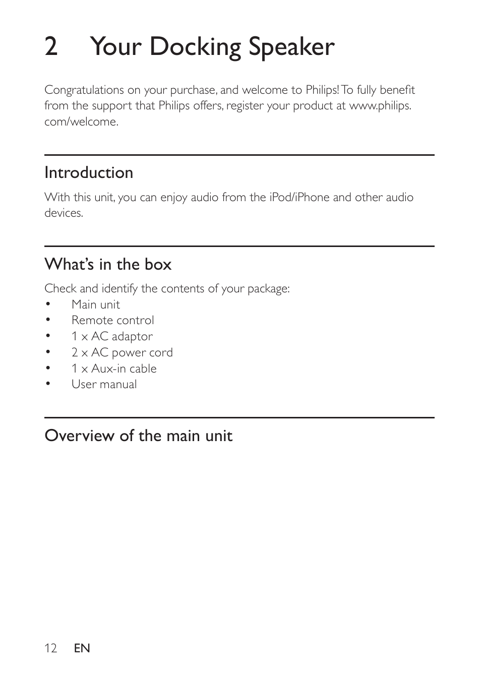 2 your docking speaker, Introduction, What’s in the box | Overview of the main unit | Philips DS8500/37 User Manual | Page 12 / 23