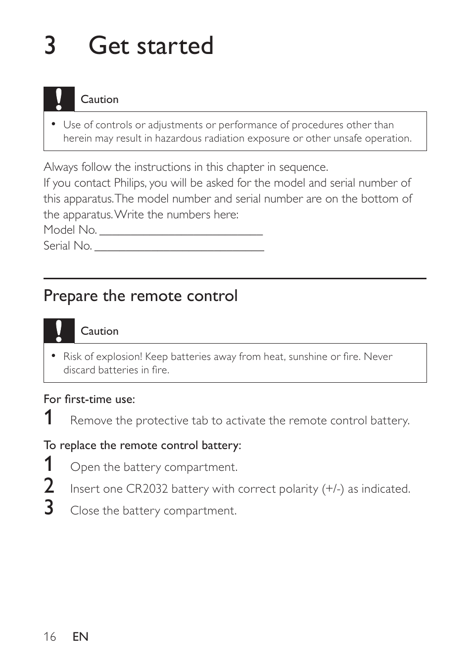 3 get started, Prepare the remote control | Philips DS8500/37 User Manual | Page 16 / 23