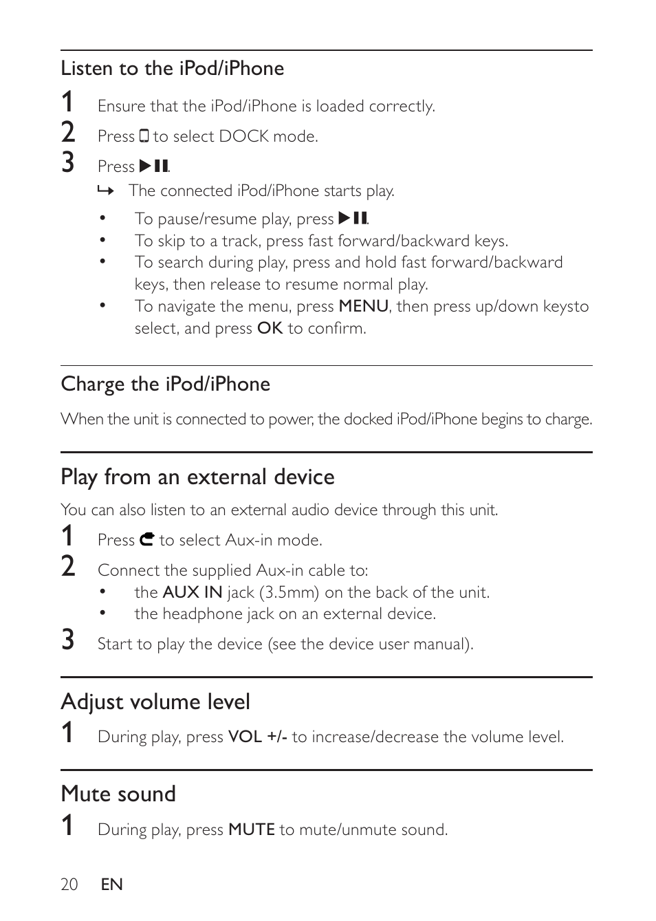Play from an external device, Adjust volume level, Mute sound | Philips DS8500/37 User Manual | Page 20 / 23