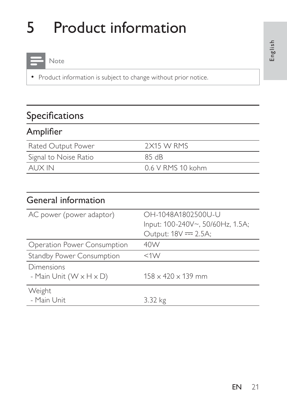 5 product information, Speciﬁcations, Ampliﬁer | General information | Philips DS8500/37 User Manual | Page 21 / 23