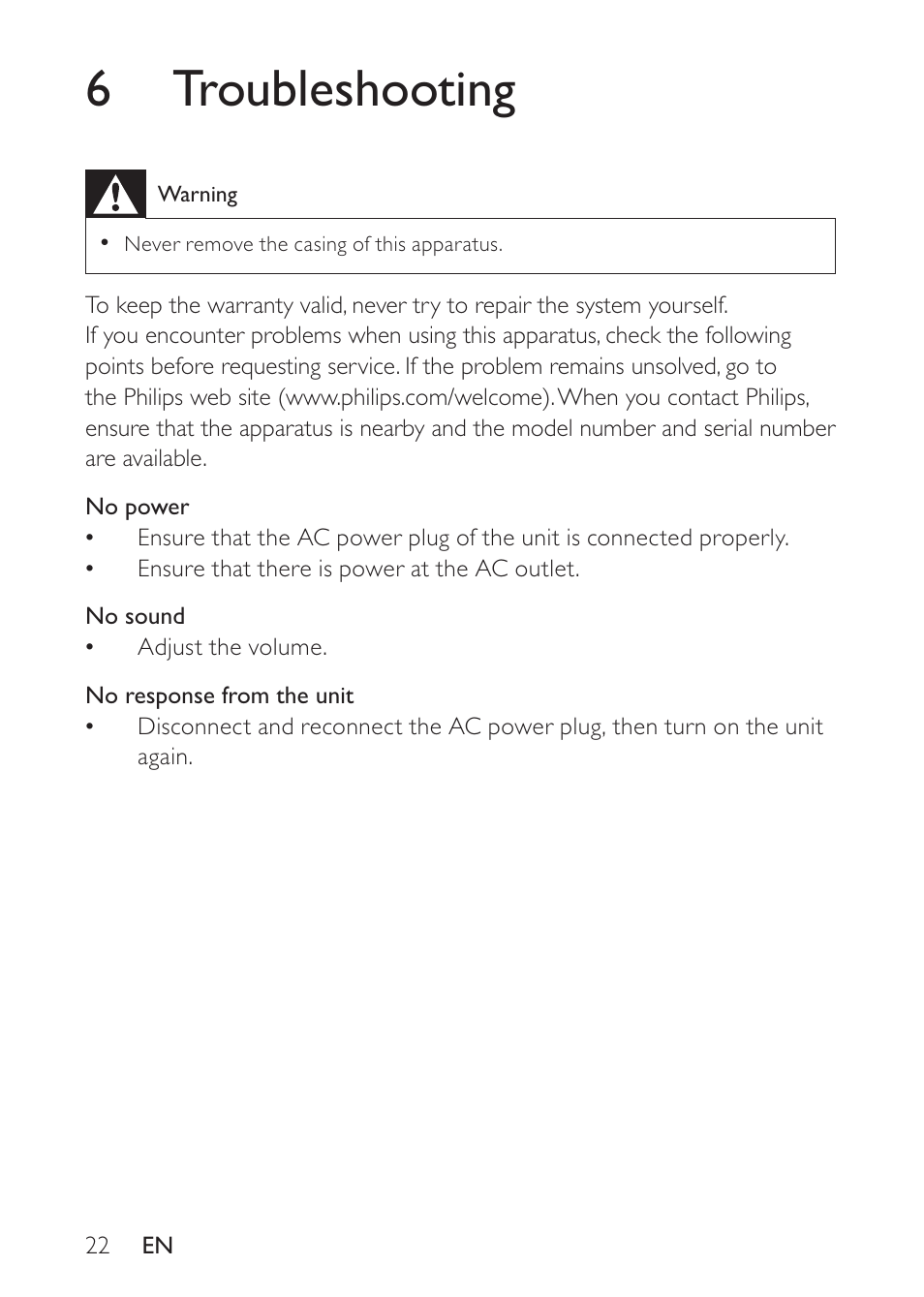 6 troubleshooting | Philips DS8500/37 User Manual | Page 22 / 23