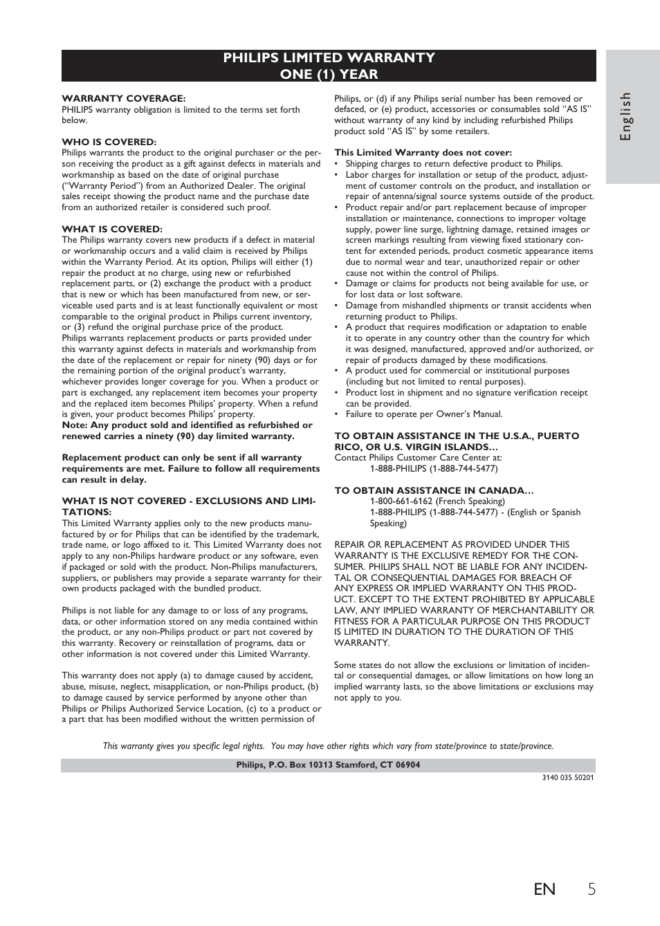 English, Philips limited warranty one (1) year | Philips DS8500/37 User Manual | Page 5 / 23