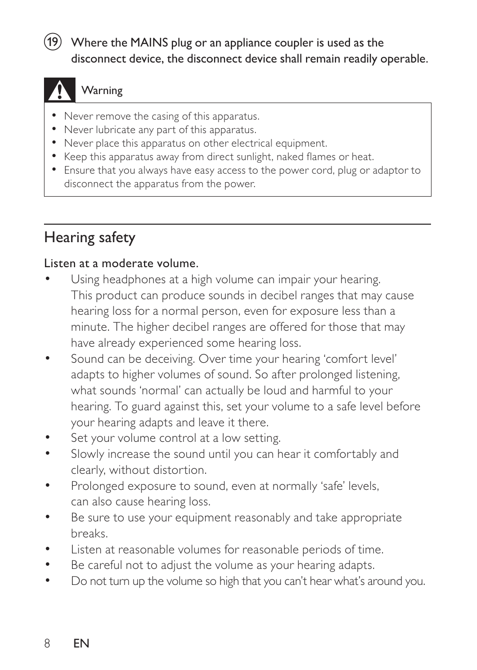 Hearing safety | Philips DS8500/37 User Manual | Page 8 / 23