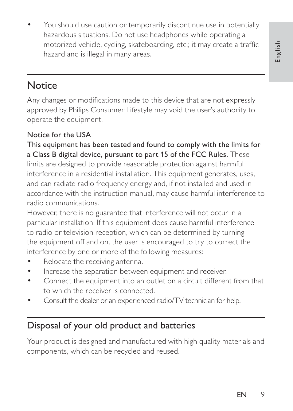 Notice, Disposal of your old product and batteries | Philips DS8500/37 User Manual | Page 9 / 23
