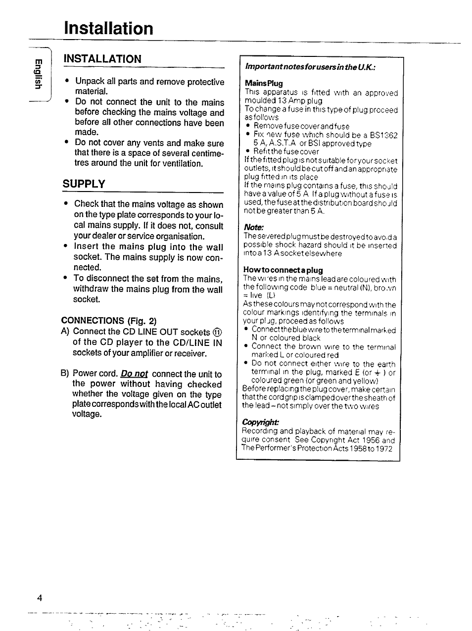 Installation, Supply | Philips CD602 User Manual | Page 4 / 12