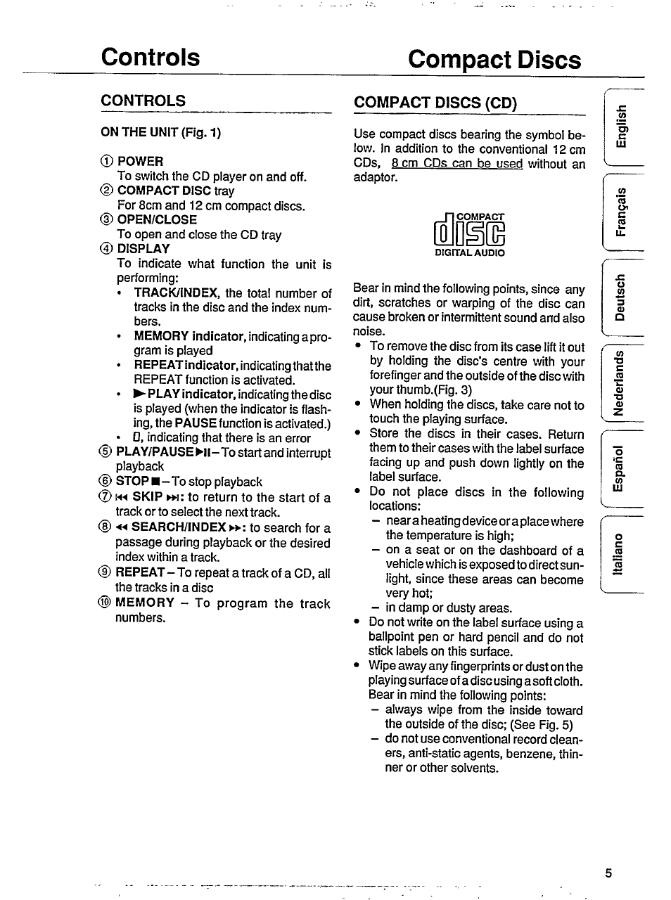 Controls, Compact discs (cd), Controls compact discs | Philips CD602 User Manual | Page 5 / 12