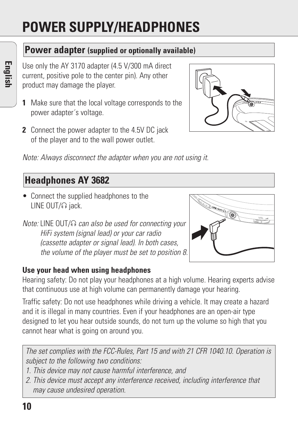 Power supply/headphones, Headphones ay 3682, Power adapter | English, Supplied or optionally available) | Philips AZ9106 User Manual | Page 10 / 66