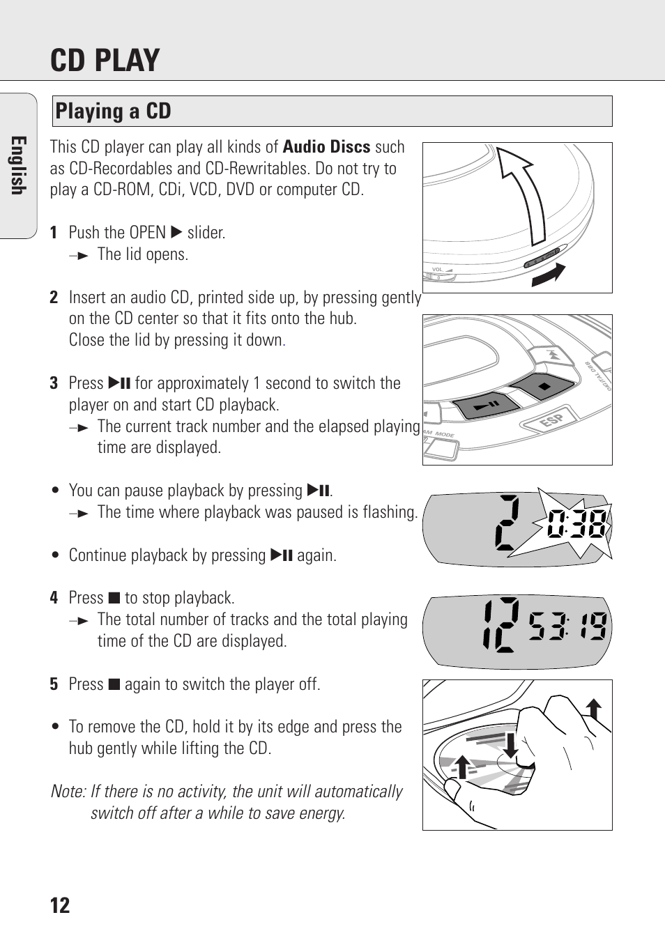 Cd play, Playing a cd, English | Philips AZ9106 User Manual | Page 12 / 66