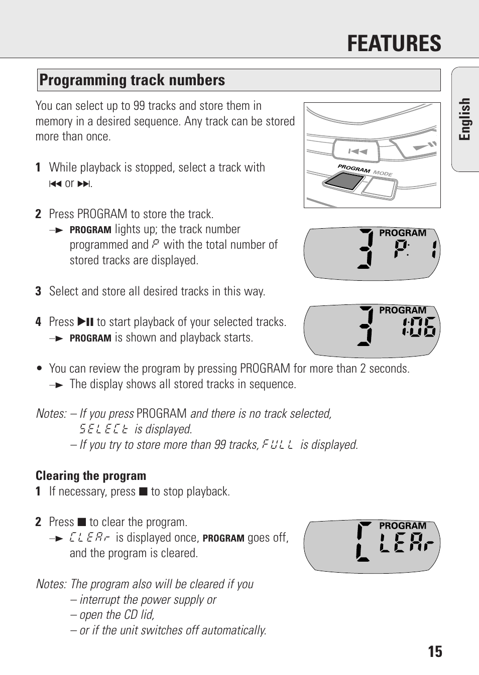 Features, Programming track numbers, English | Philips AZ9106 User Manual | Page 15 / 66