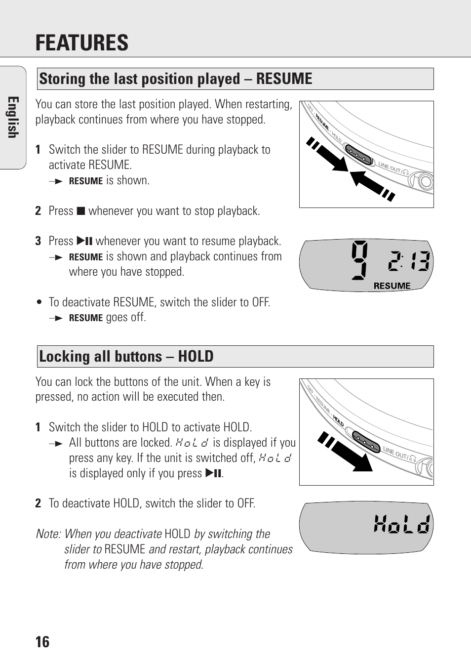 Features, Locking all buttons – hold, Storing the last position played – resume | English | Philips AZ9106 User Manual | Page 16 / 66