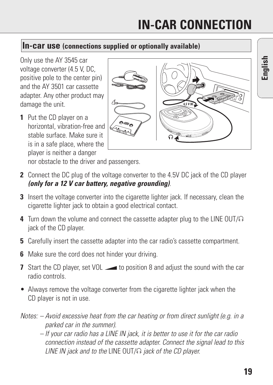 In-car connection, In-car use, English | Connections supplied or optionally available) | Philips AZ9106 User Manual | Page 19 / 66