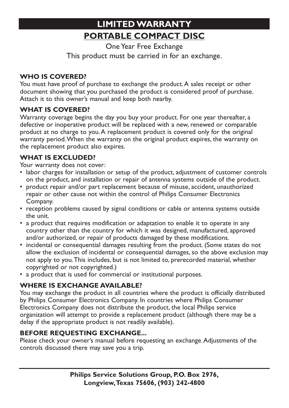 Portable compact disc, Limited warranty | Philips AZ9106 User Manual | Page 22 / 66